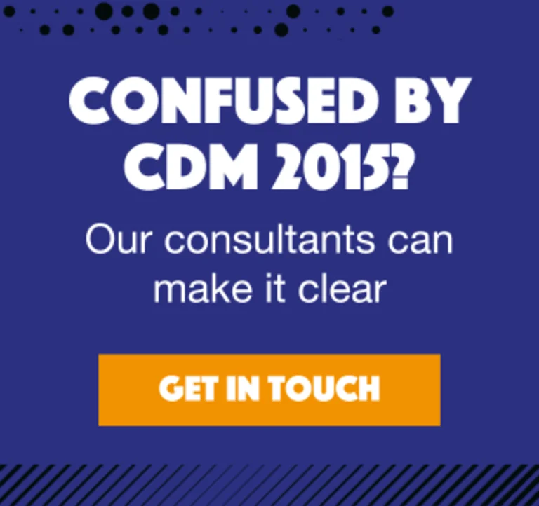 Bold call-to-action graphic for CDM 2015 consultation services, offering expert guidance for construction design and management challenges